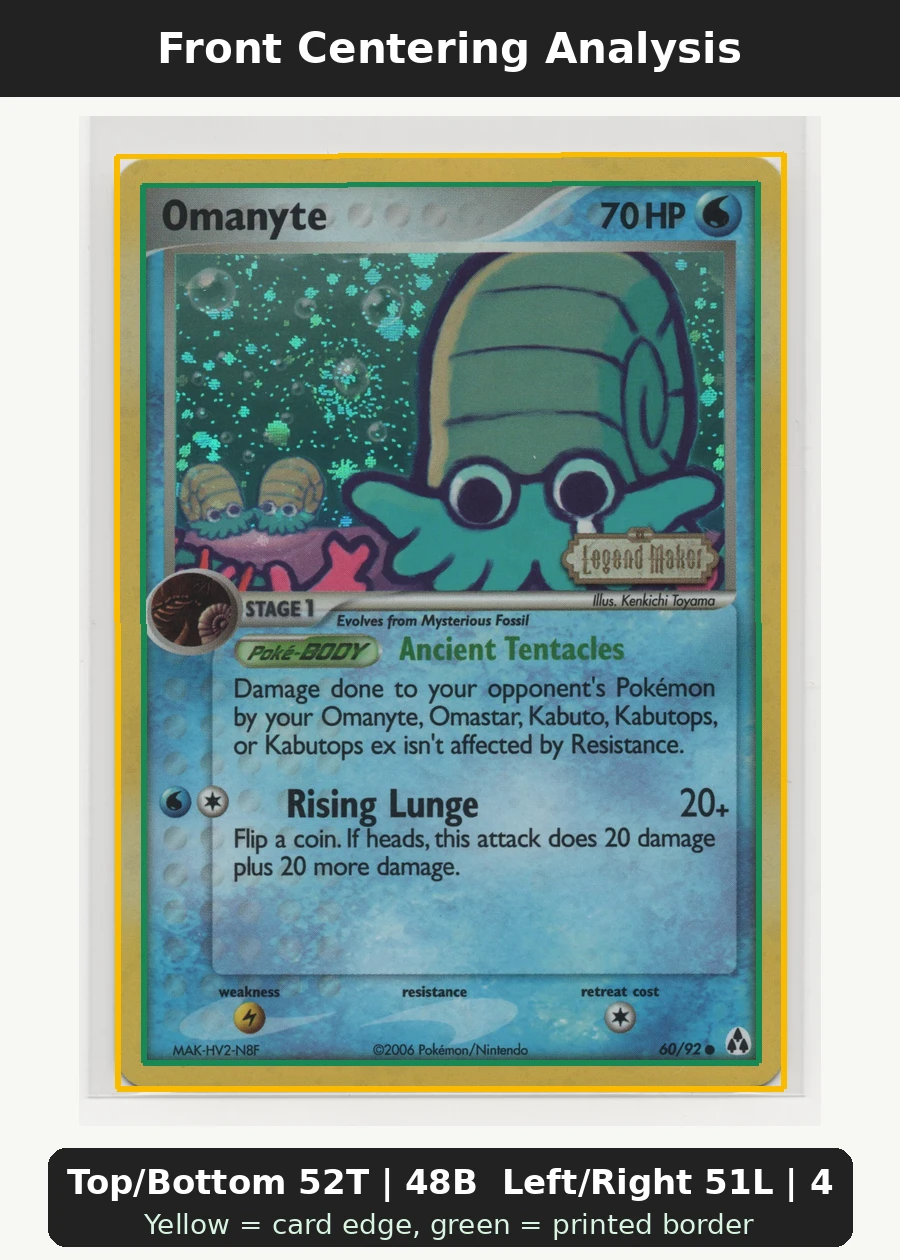 Omanyte 060/92 (Reverse Holo) Legend Maker front centering analysis showing Top/Bottom 52T | 48B and Left/Right 51L | 49R.