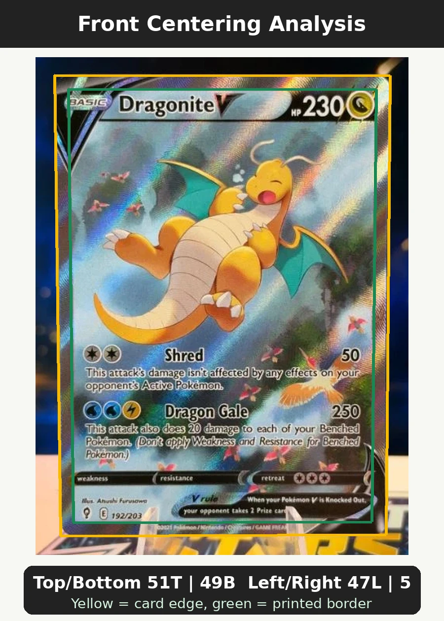 Dragonite V 192/203 Evolving Skies front centering analysis showing Top/Bottom 51T | 49B and Left/Right 47L | 53R.