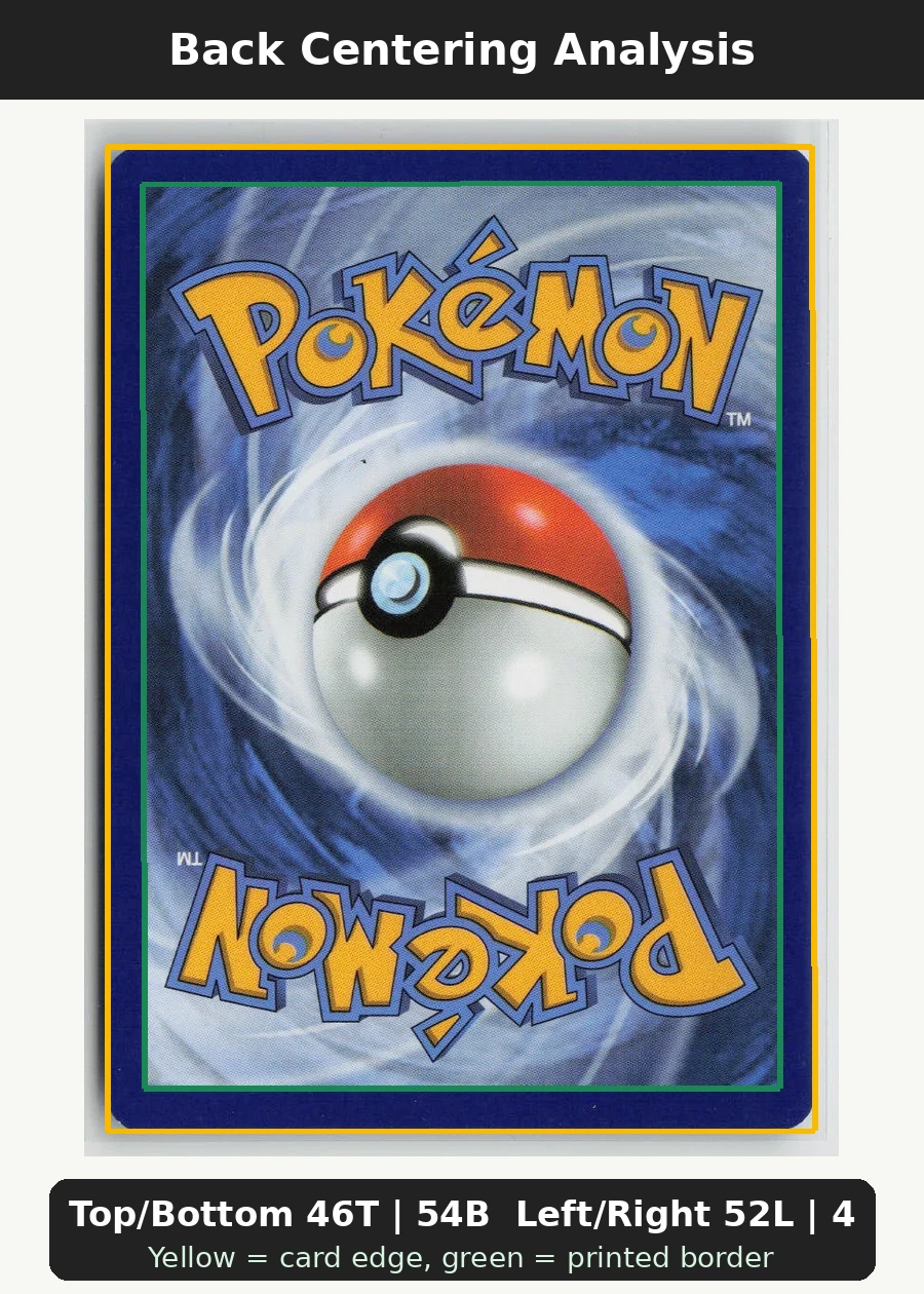 Psyduck 039/217 · Normal Ascended Heroes back centering analysis showing Top/Bottom 46T | 54B and Left/Right 52L | 48R.