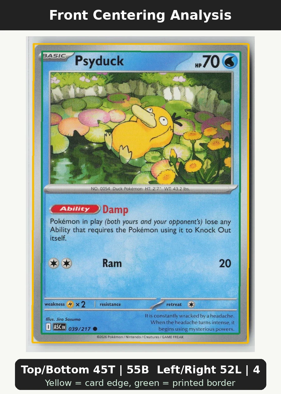Psyduck 039/217 · Normal Ascended Heroes front centering analysis showing Top/Bottom 45T | 55B and Left/Right 52L | 48R.