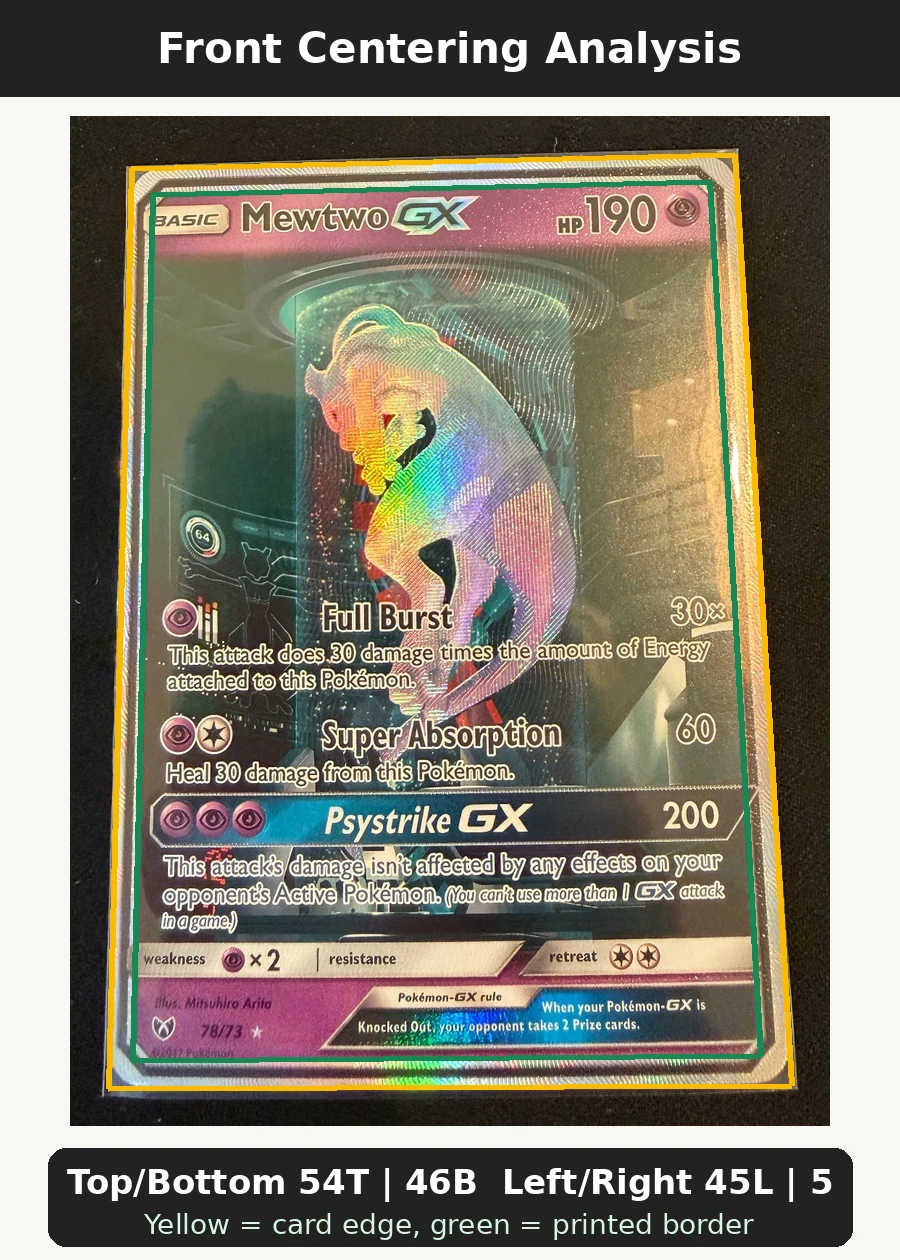 Mewtwo GX 078/73 Shining Legends front centering analysis showing Top/Bottom 54T | 46B and Left/Right 45L | 55R.