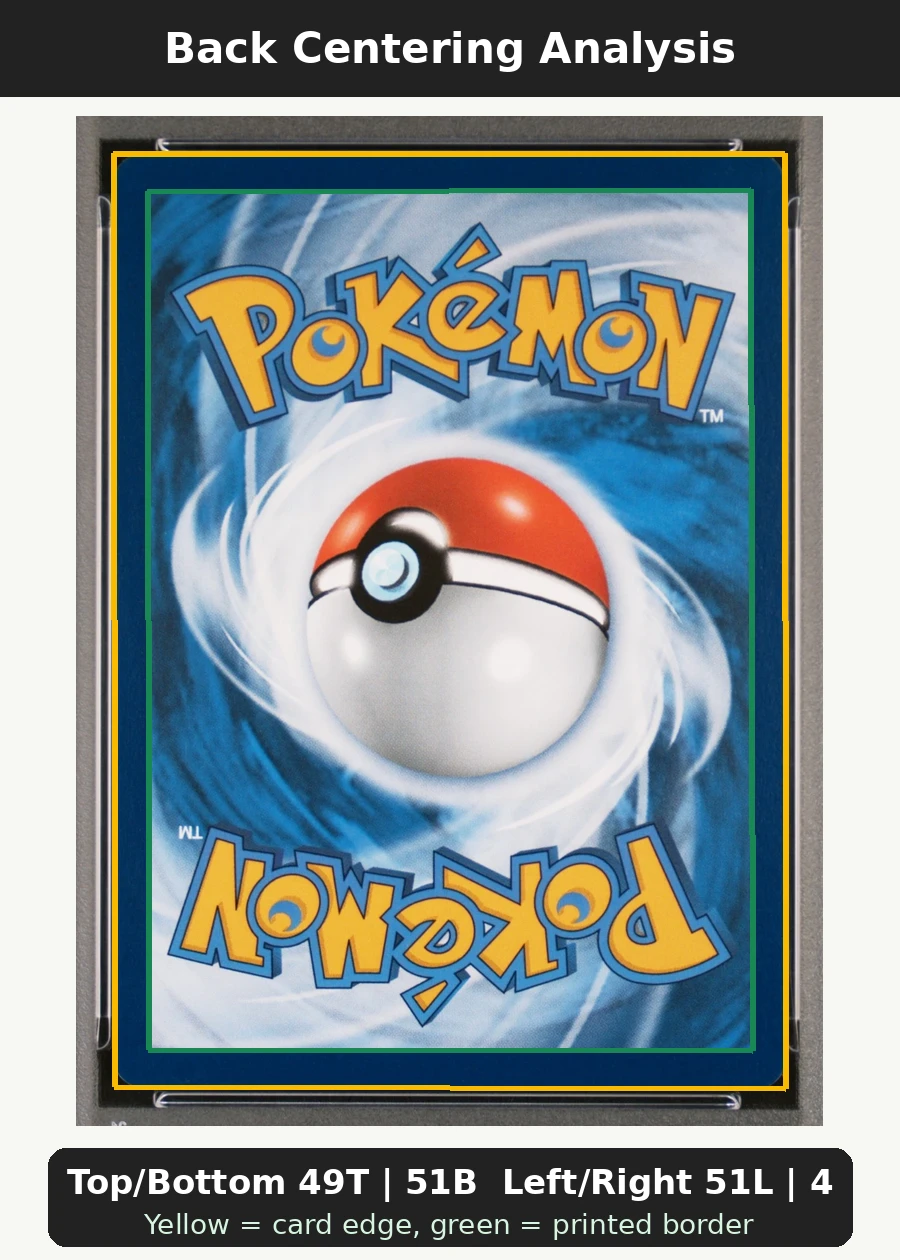 Pikachu with Grey Felt Hat 085/225 SVP Black Star Promos back centering analysis showing Top/Bottom 49T | 51B and Left/Right 51L | 49R.