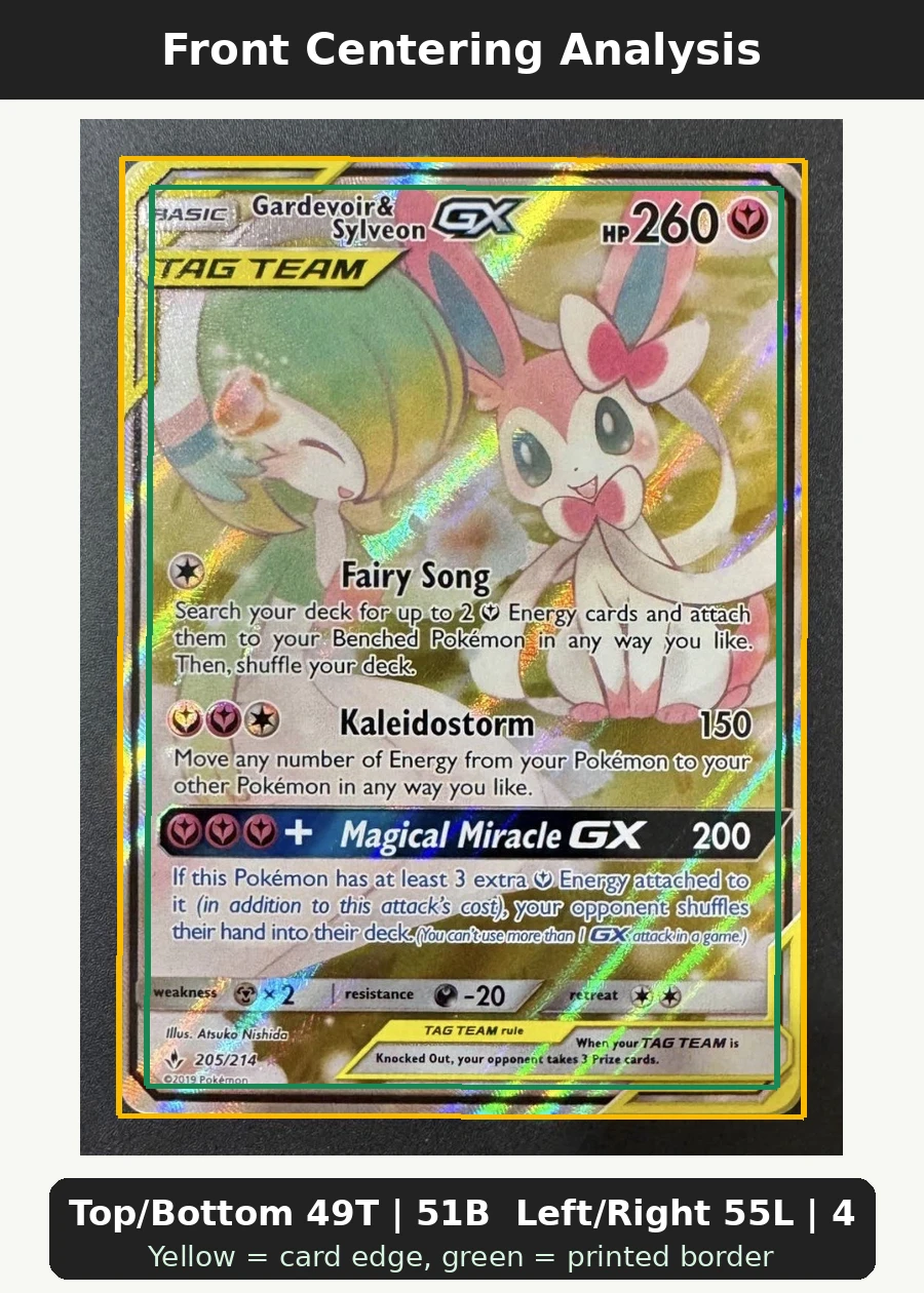 Gardevoir & Sylveon GX 205/214 Unbroken Bonds front centering analysis showing Top/Bottom 49T | 51B and Left/Right 55L | 45R.