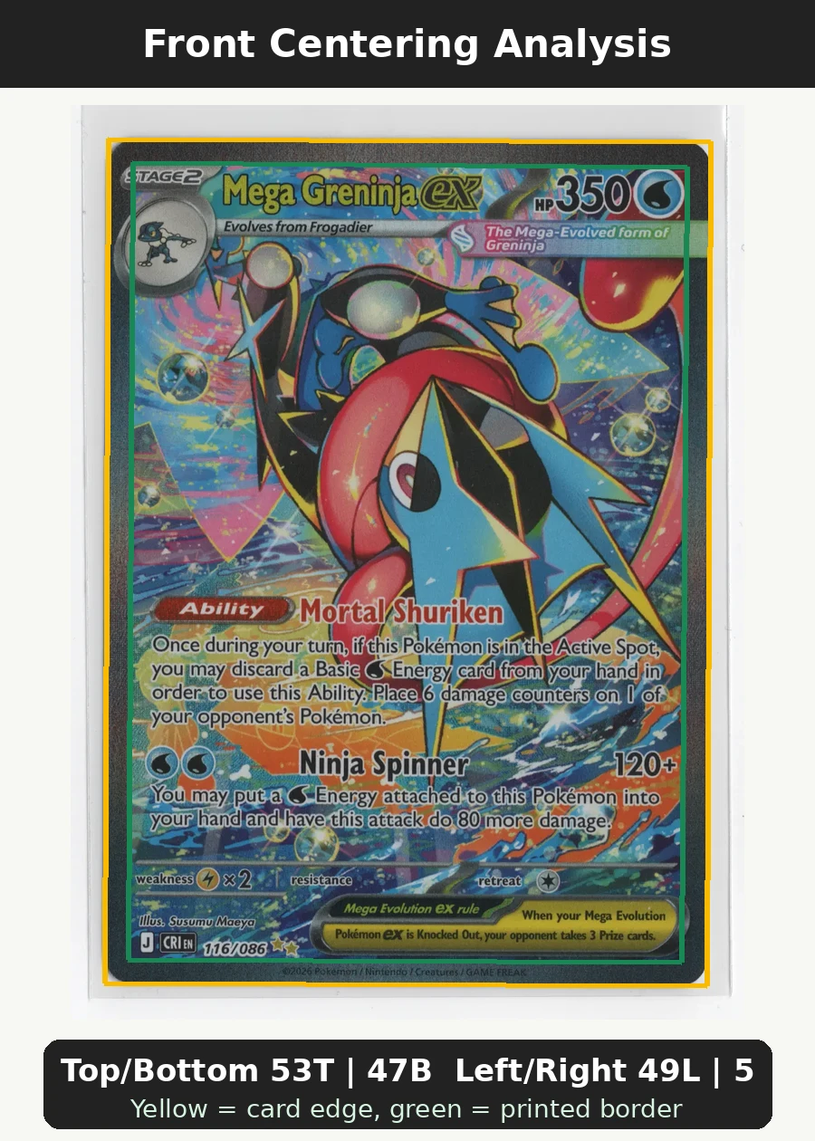 Mega Greninja ex 116/86 Chaos Rising front centering analysis showing Top/Bottom 53T | 47B and Left/Right 49L | 51R.