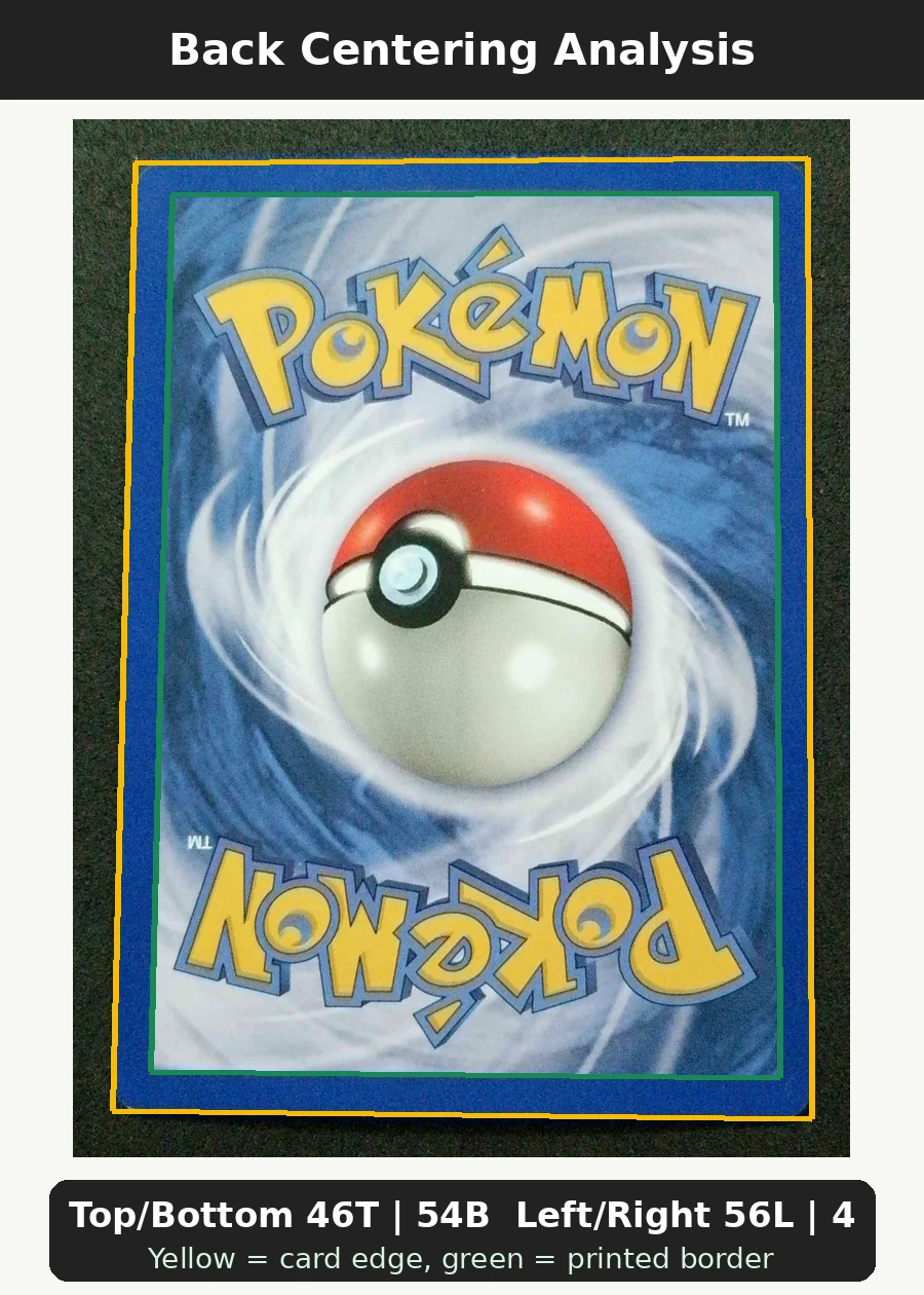 Charizard 004/102 · Holo Base Set back centering analysis showing Top/Bottom 46T | 54B and Left/Right 56L | 44R.