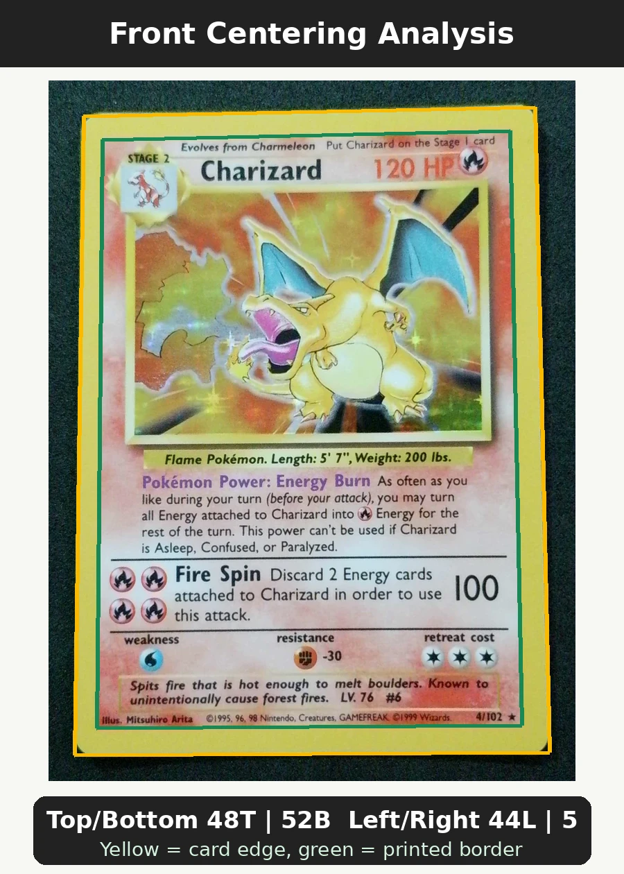 Charizard 004/102 · Holo Base Set front centering analysis showing Top/Bottom 48T | 52B and Left/Right 44L | 56R.