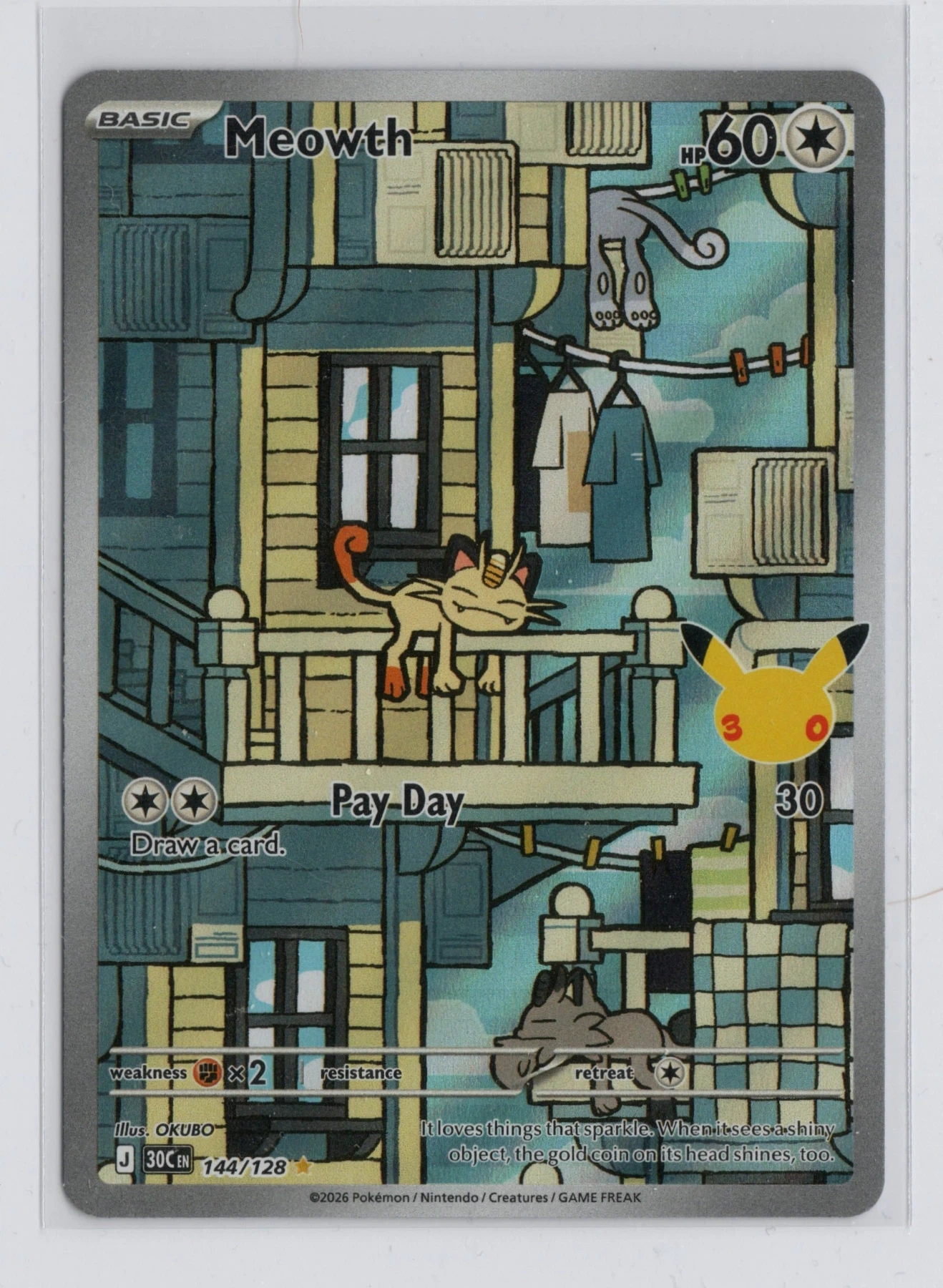 Meowth 144/128 30th Celebration front card photo in GradeValue pregrading report
