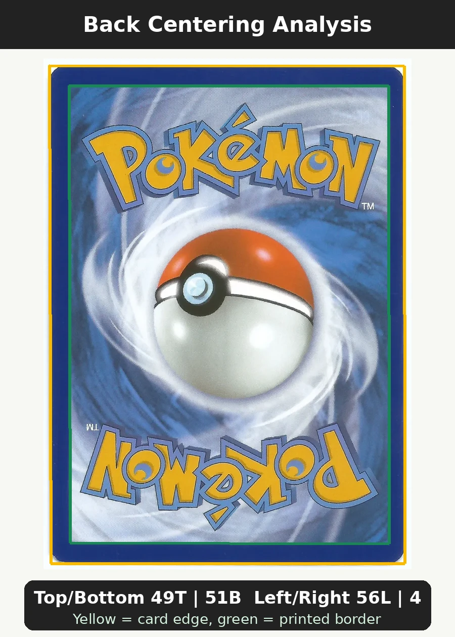 Charmander 044/225 SVP Black Star Promos back centering analysis showing Top/Bottom 49T | 51B and Left/Right 56L | 44R.