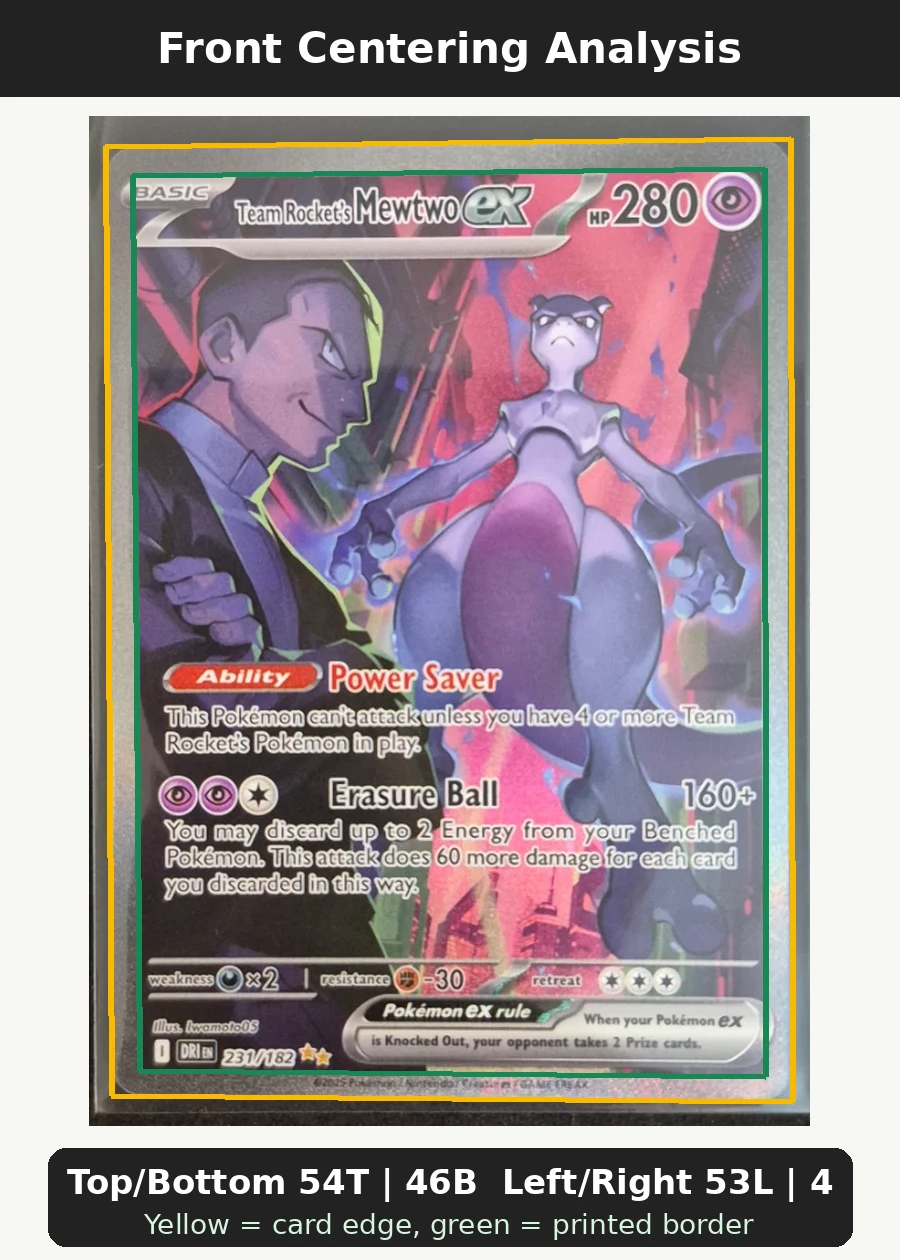 Team Rocket's Mewtwo ex 231/182 Destined Rivals front centering analysis showing Top/Bottom 54T | 46B and Left/Right 53L | 47R.