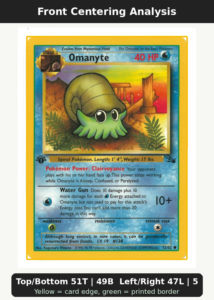 Omanyte 057/110 Legendary Collection front centering analysis showing Top/Bottom 51T | 49B and Left/Right 47L | 53R.