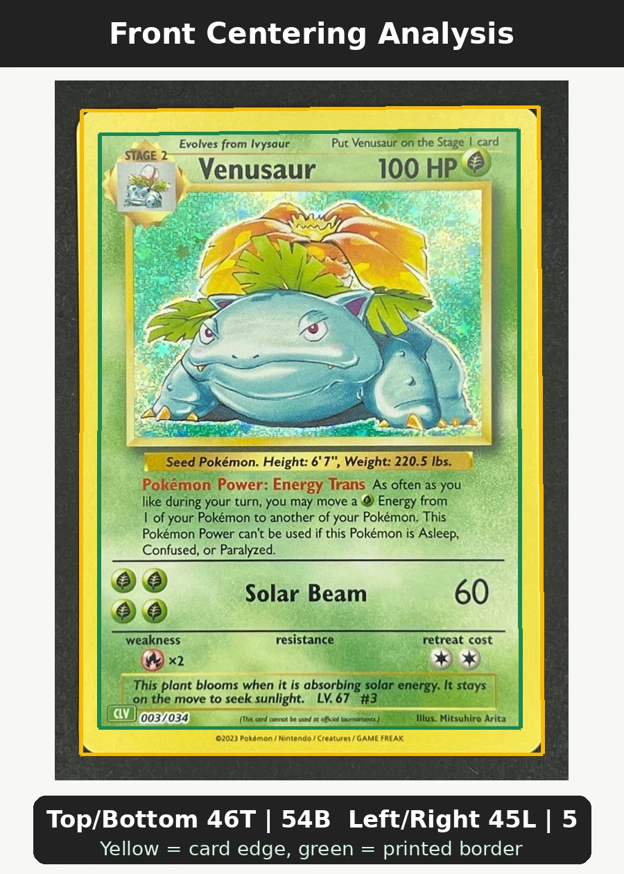 Venusaur 15A/25 Celebrations front centering analysis showing Top/Bottom 46T | 54B and Left/Right 45L | 55R.