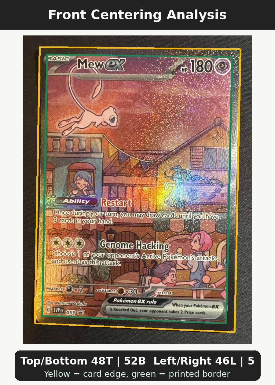 Mew ex 053/225 SVP Black Star Promos front centering analysis showing Top/Bottom 48T | 52B and Left/Right 46L | 54R.