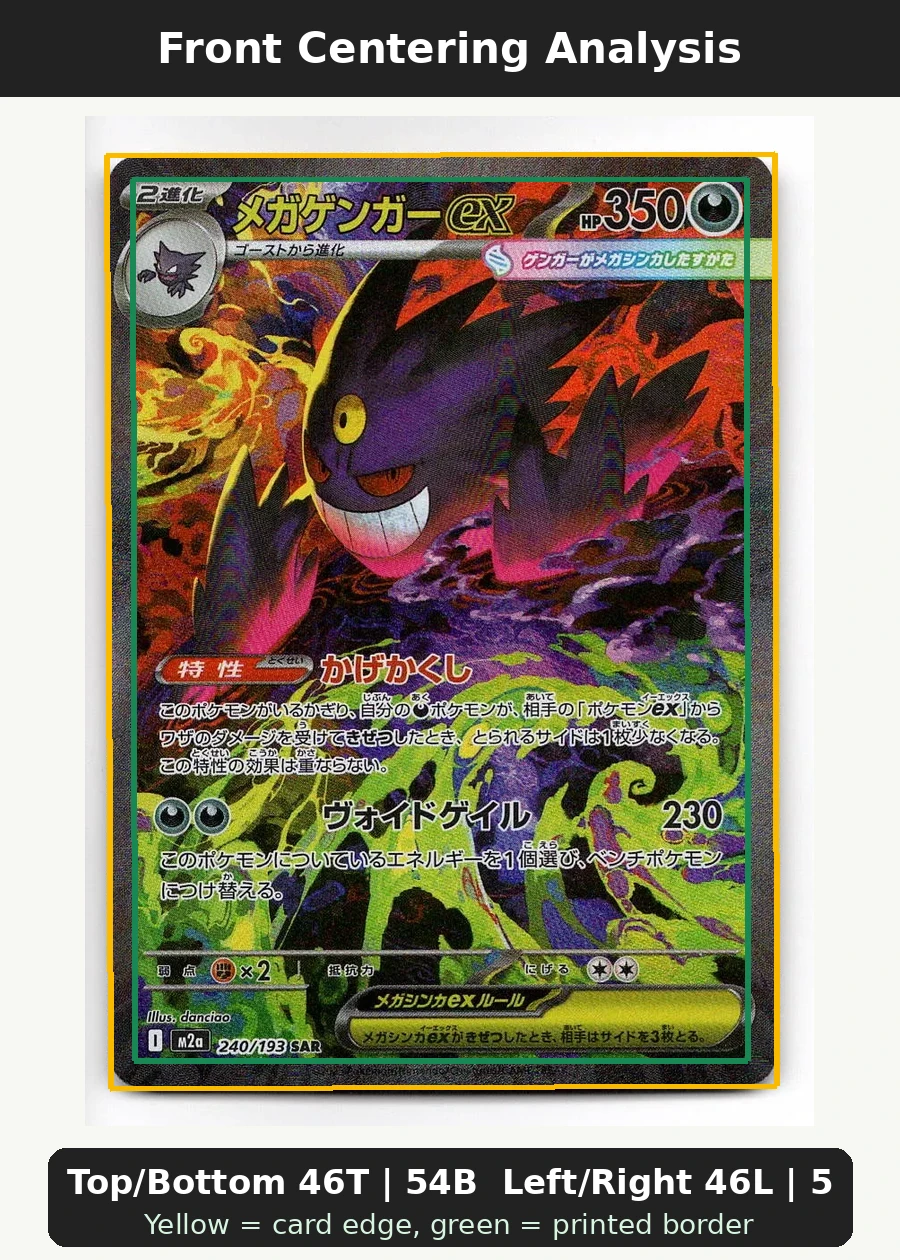 Mega Gengar ex 269/217 Ascended Heroes front centering analysis showing Top/Bottom 46T | 54B and Left/Right 46L | 54R.