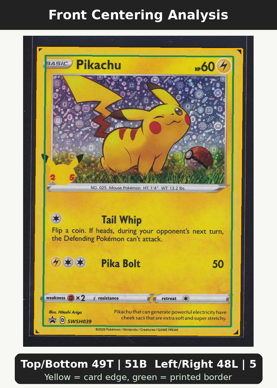 Pikachu SWSH039/307 SWSH Black Star Promos front centering analysis showing Top/Bottom 49T | 51B and Left/Right 48L | 52R.
