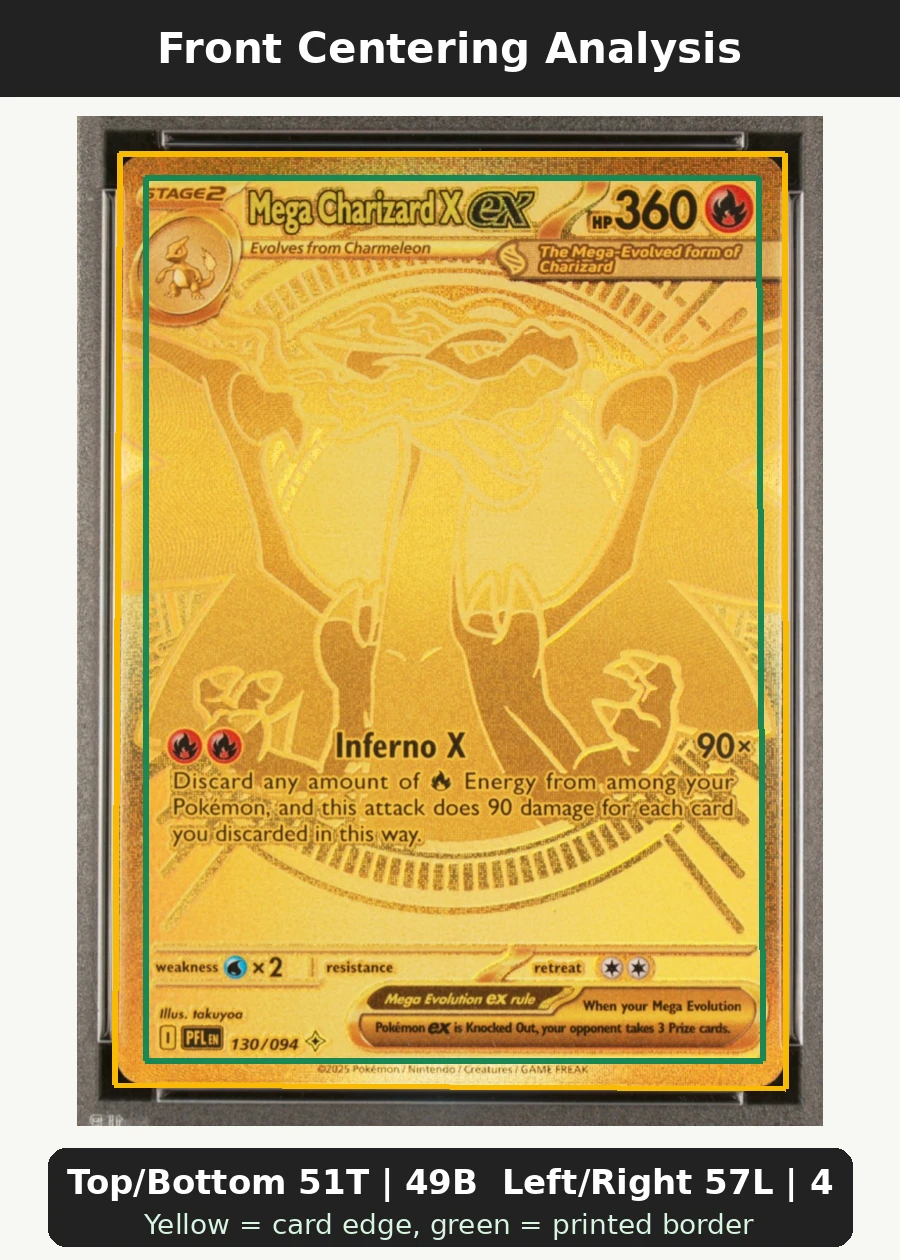 Mega Charizard X ex 130/94 Phantasmal Flames front centering analysis showing Top/Bottom 51T | 49B and Left/Right 57L | 43R.