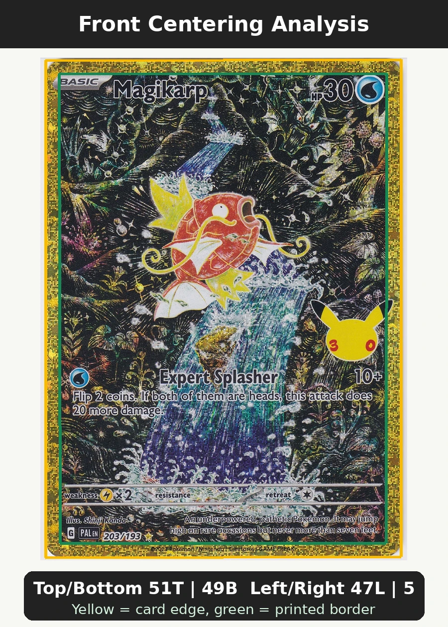 Magikarp 203 30th Classic Collection front centering analysis showing Top/Bottom 51T | 49B and Left/Right 47L | 53R.