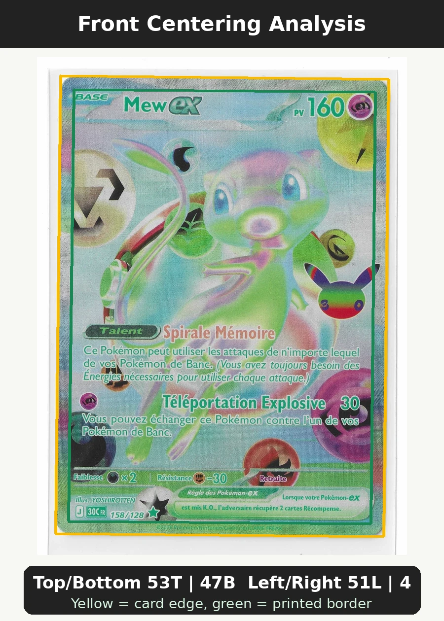 Mew ex 158/128 30th Celebration front centering analysis showing Top/Bottom 53T | 47B and Left/Right 51L | 49R.