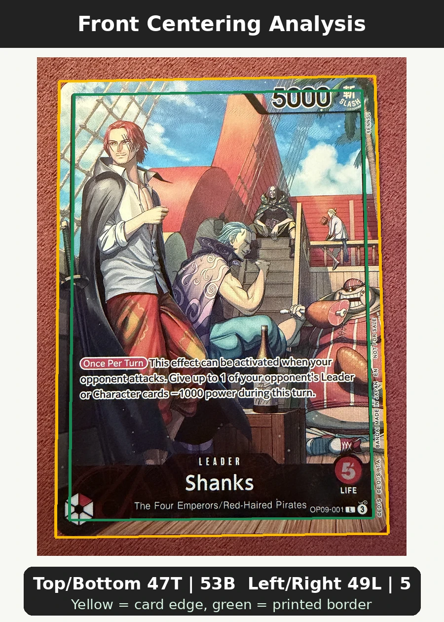 Shanks (OP09-001) (Foil) OP09-001 Emperors in the New World front centering analysis showing Top/Bottom 47T | 53B and Left/Right 49L | 51R.