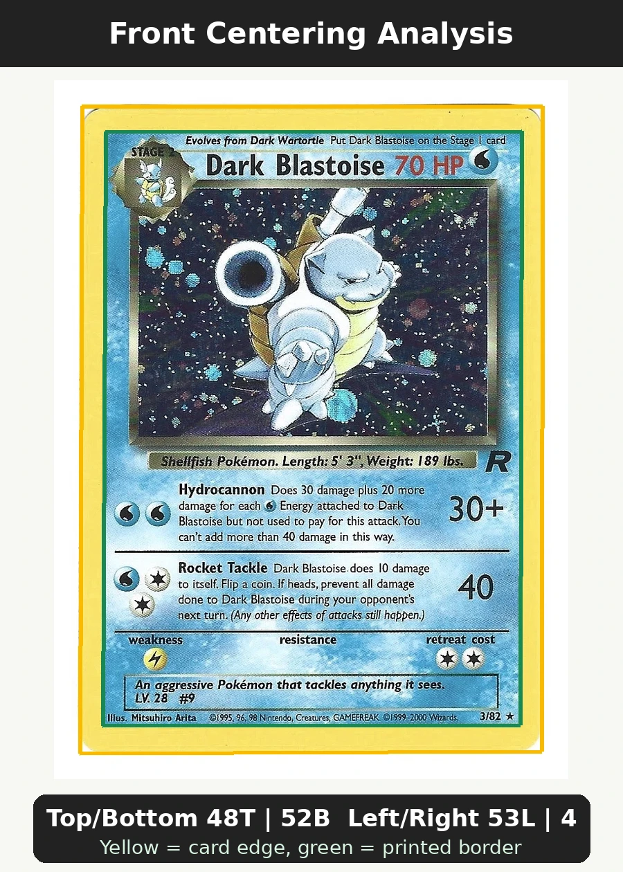 Dark Blastoise 004/110 Legendary Collection front centering analysis showing Top/Bottom 48T | 52B and Left/Right 53L | 47R.