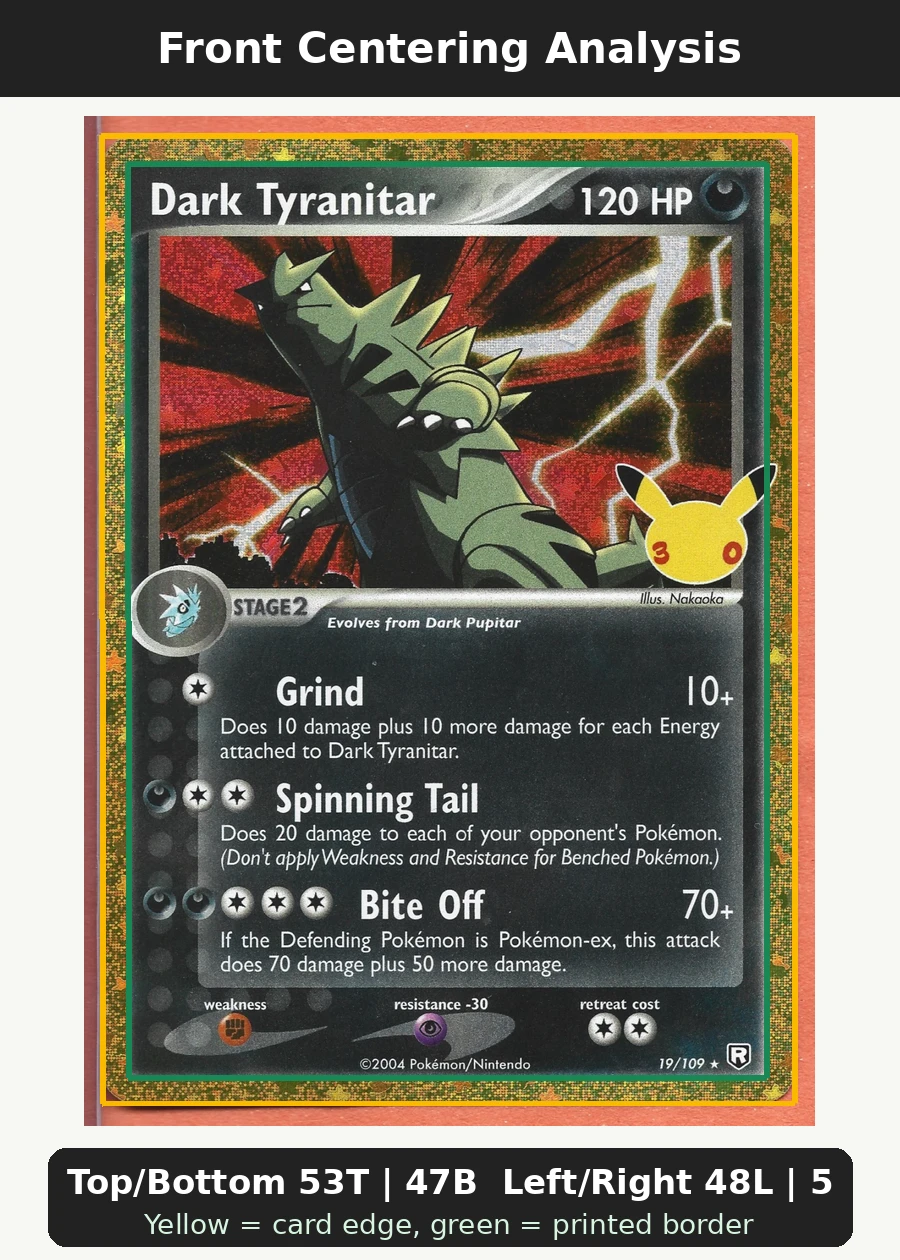 Dark Tyranitar 019 30th Classic Collection front centering analysis showing Top/Bottom 53T | 47B and Left/Right 48L | 52R.