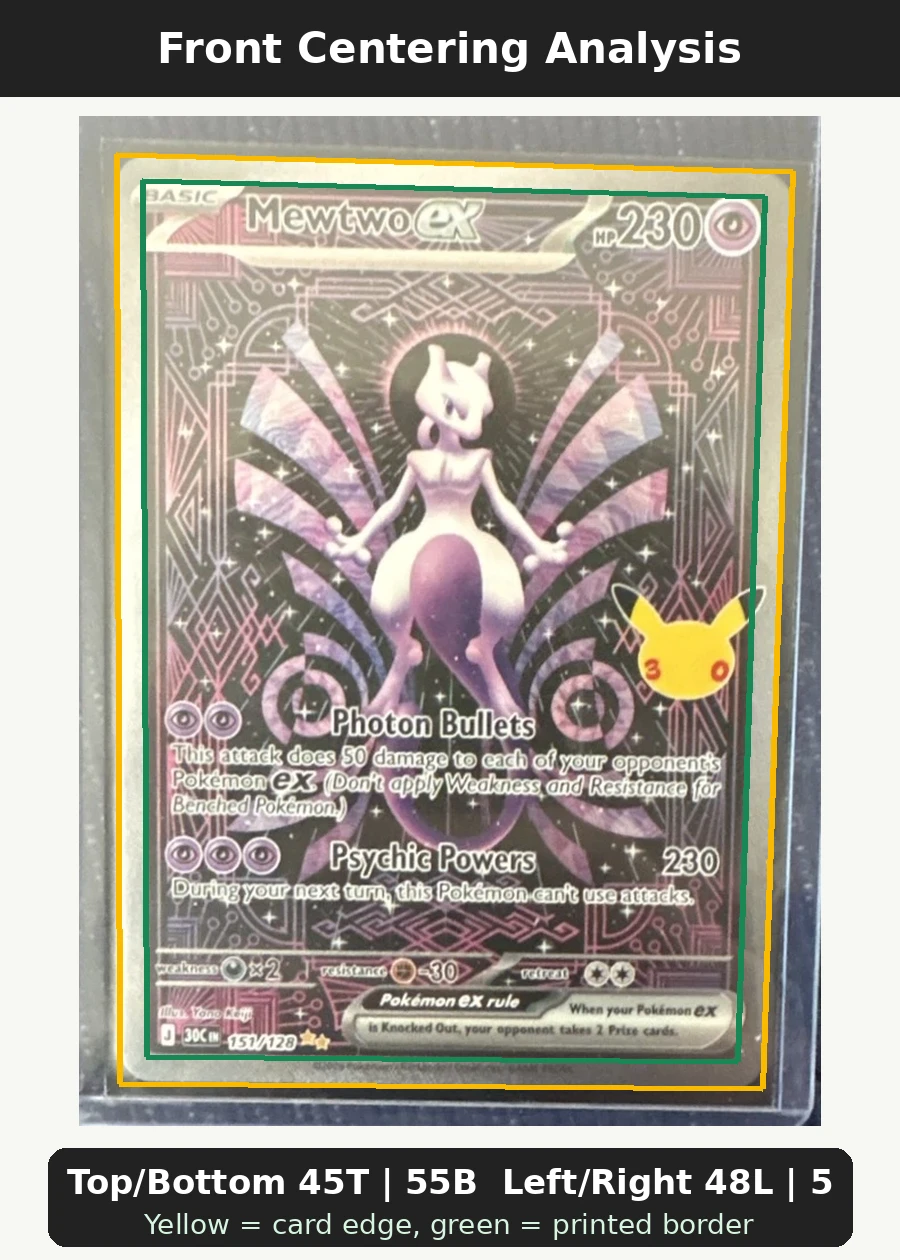 Mewtwo ex 151/128 30th Celebration front centering analysis showing Top/Bottom 45T | 55B and Left/Right 48L | 52R.