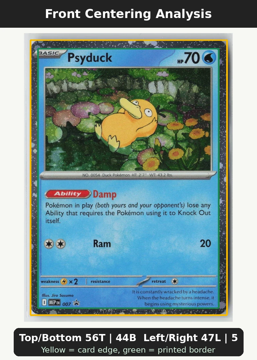 Psyduck 007 MEP Black Star Promos front centering analysis showing Top/Bottom 56T | 44B and Left/Right 47L | 53R.