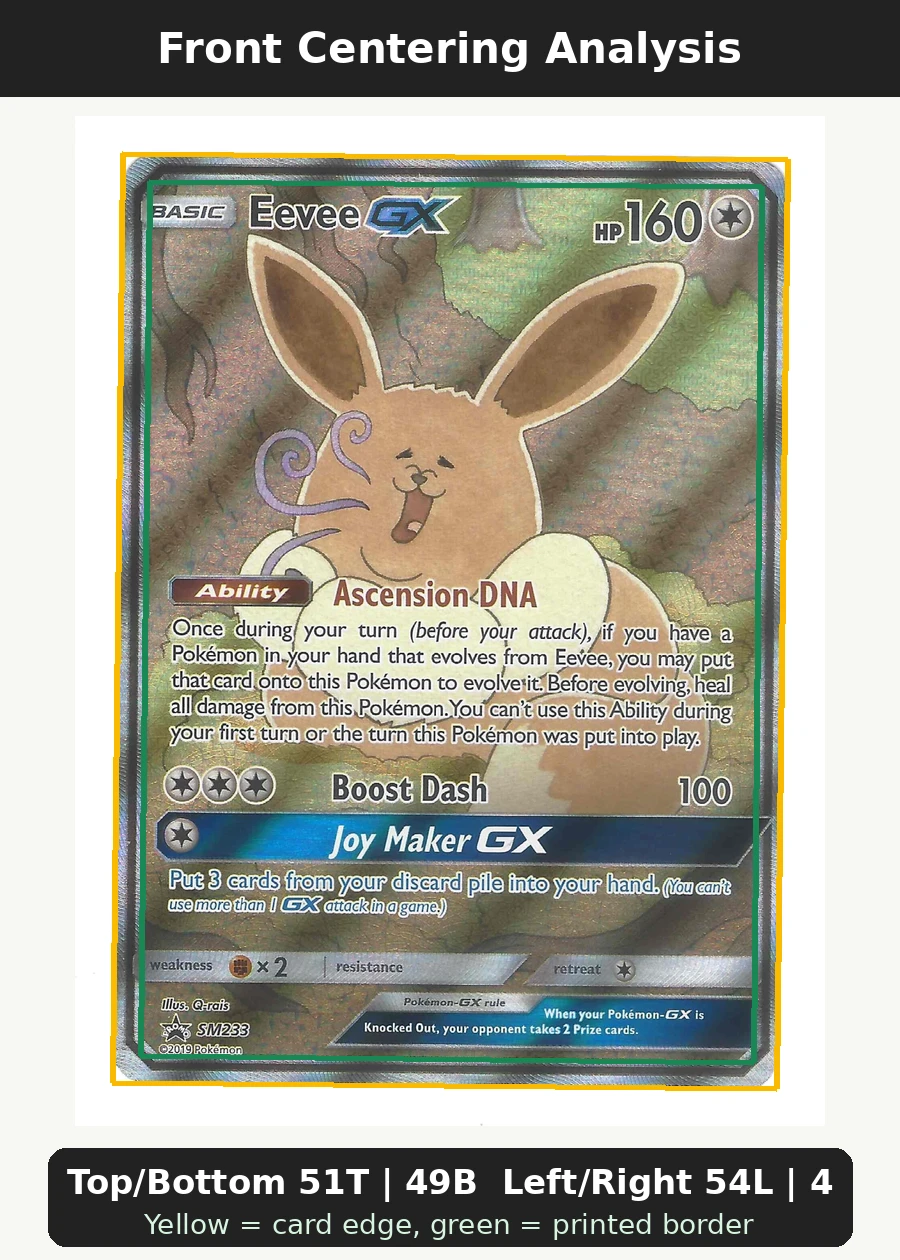 Eevee GX SM233/248 SM Black Star Promos front centering analysis showing Top/Bottom 51T | 49B and Left/Right 54L | 46R.