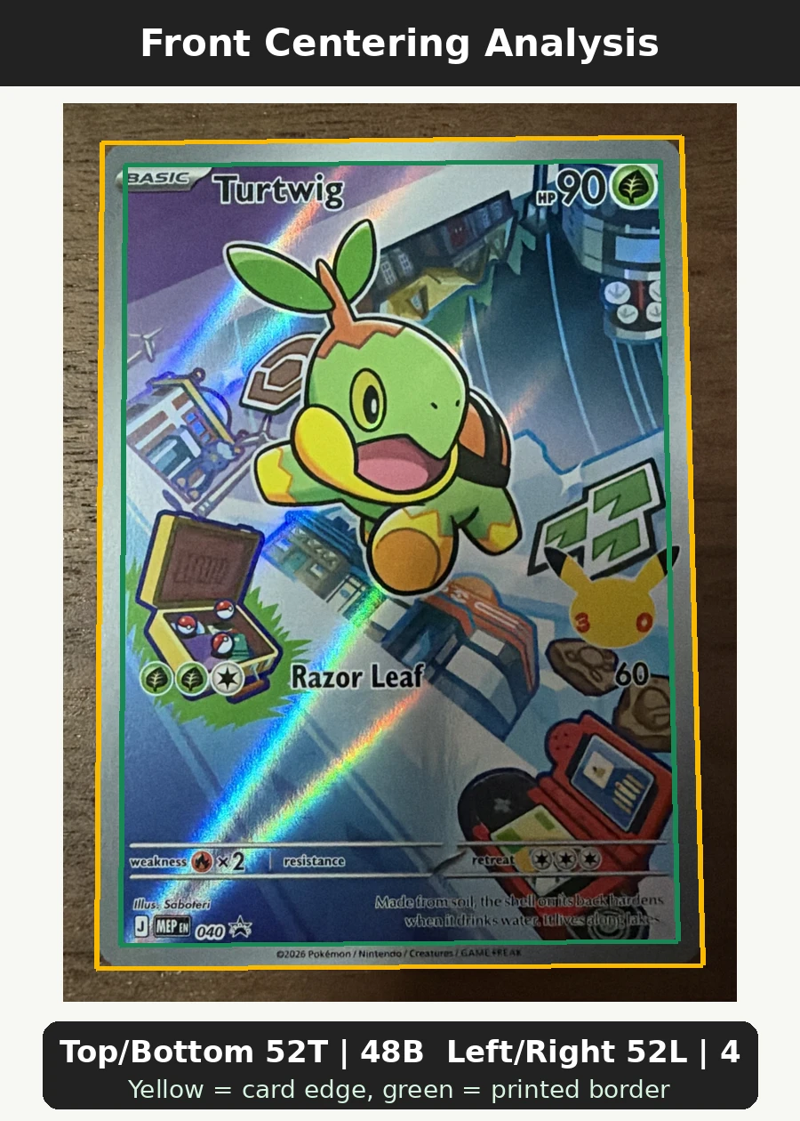 Turtwig 040 MEP Black Star Promos front centering analysis showing Top/Bottom 52T | 48B and Left/Right 52L | 48R.