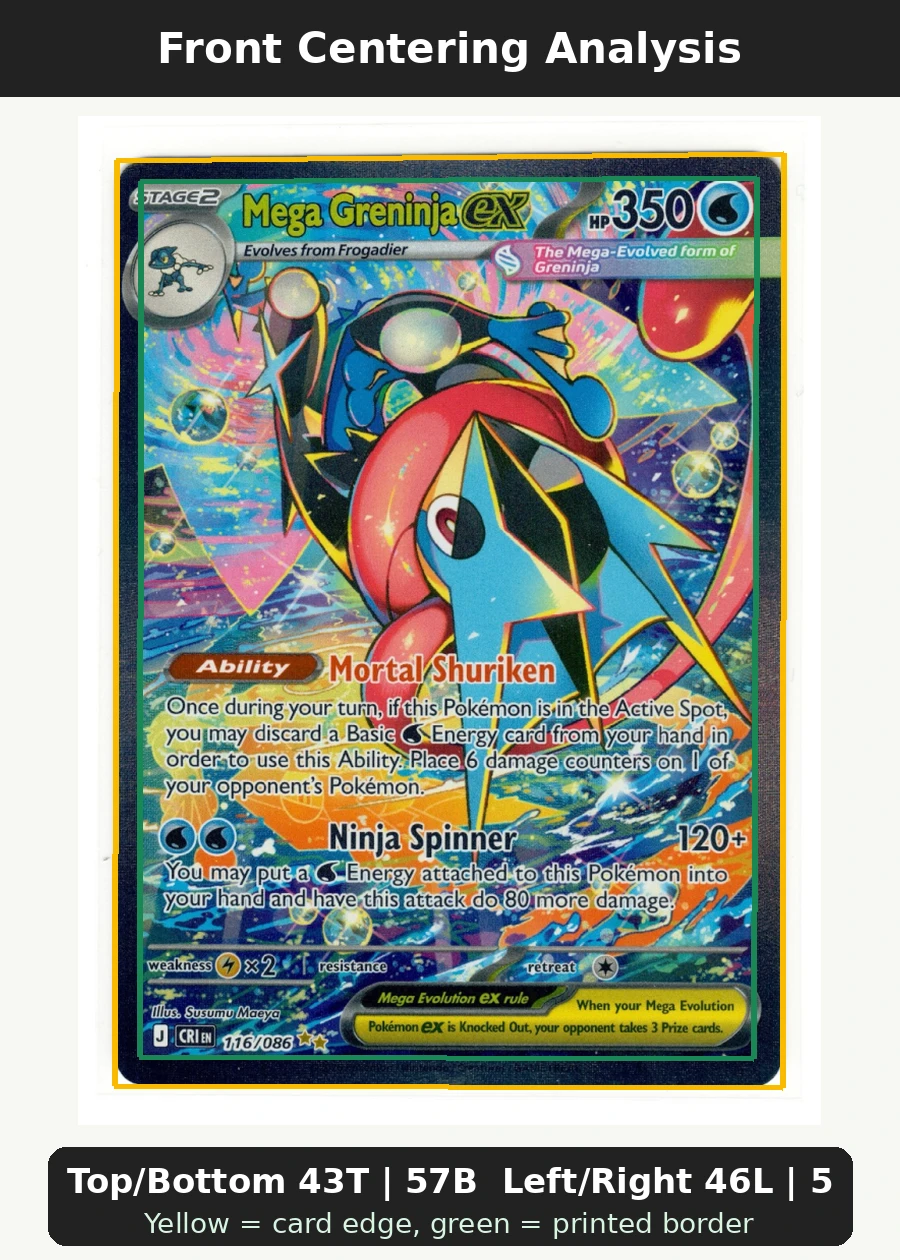 Mega Greninja ex 122/86 Chaos Rising front centering analysis showing Top/Bottom 43T | 57B and Left/Right 46L | 54R.
