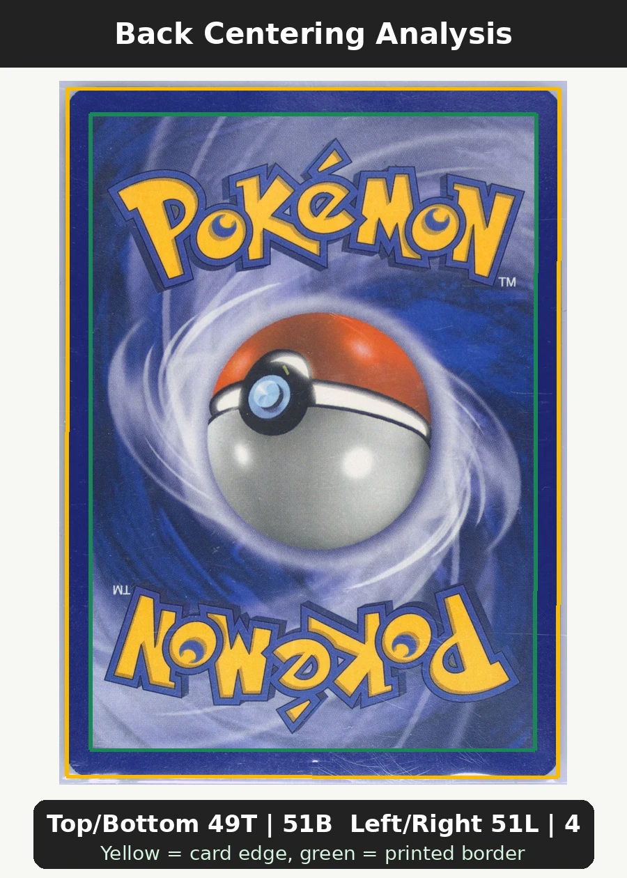 Charizard δ 004/100 Crystal Guardians back centering analysis showing Top/Bottom 49T | 51B and Left/Right 51L | 49R.