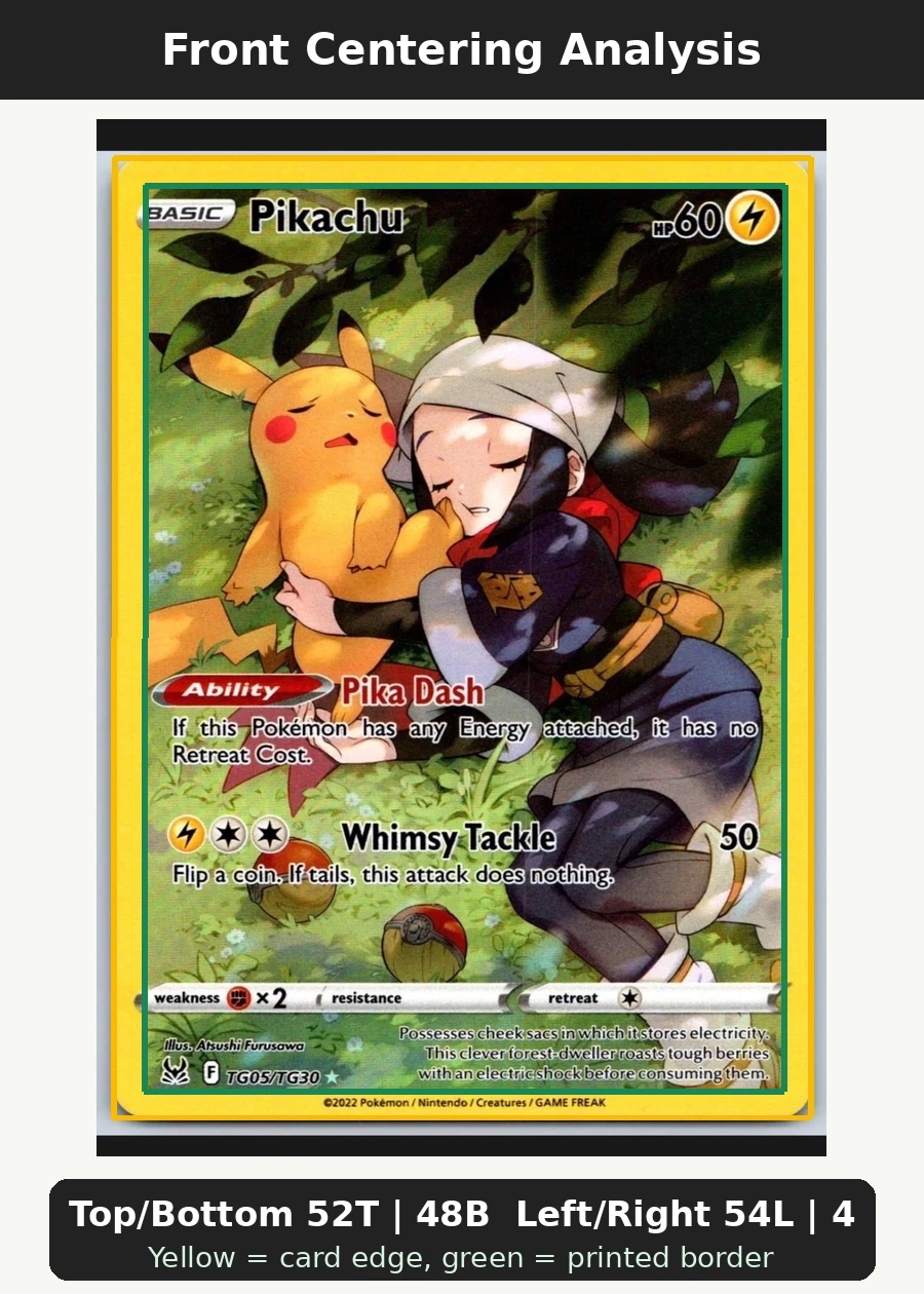 Pikachu TG05/196 Lost Origin front centering analysis showing Top/Bottom 52T | 48B and Left/Right 54L | 46R.