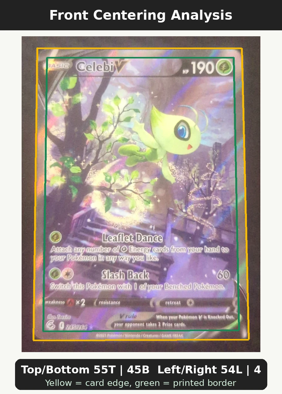 Celebi V 245/264 Fusion Strike front centering analysis showing Top/Bottom 55T | 45B and Left/Right 54L | 46R.