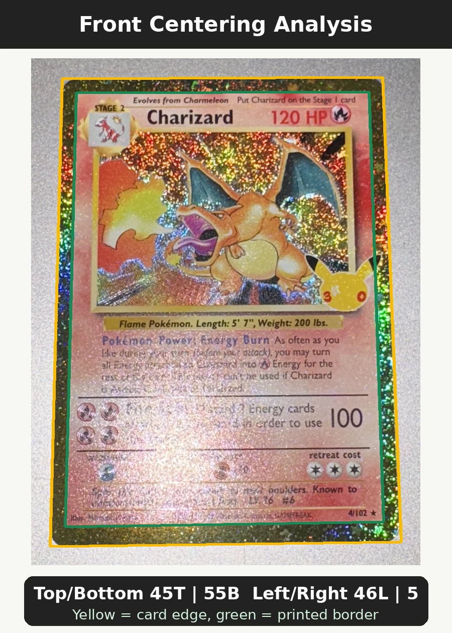 Charizard 004 30th Classic Collection front centering analysis showing Top/Bottom 45T | 55B and Left/Right 46L | 54R.