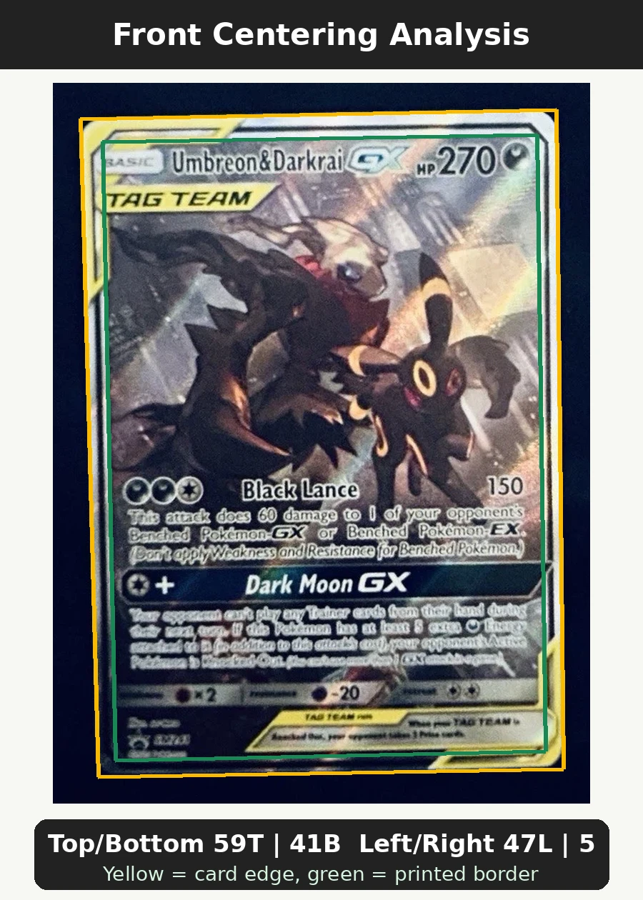 Umbreon & Darkrai GX SM241/248 SM Black Star Promos front centering analysis showing Top/Bottom 59T | 41B and Left/Right 47L | 53R.