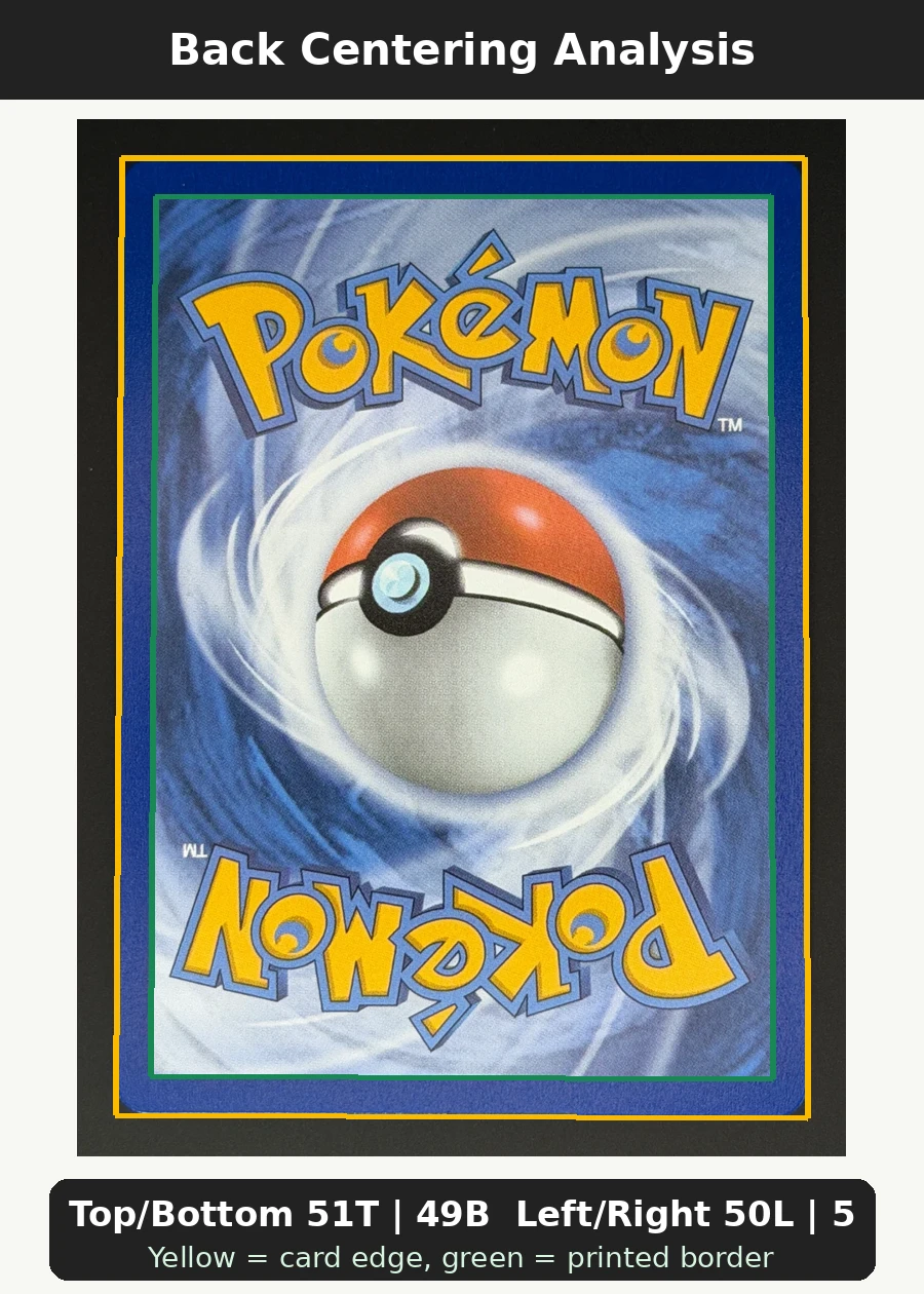 Charizard 004 30th Classic Collection back centering analysis showing Top/Bottom 51T | 49B and Left/Right 50L | 50R.