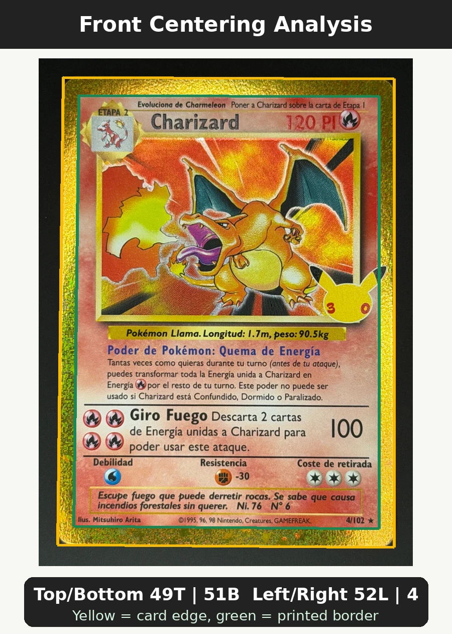 Charizard 004 30th Classic Collection front centering analysis showing Top/Bottom 49T | 51B and Left/Right 52L | 48R.