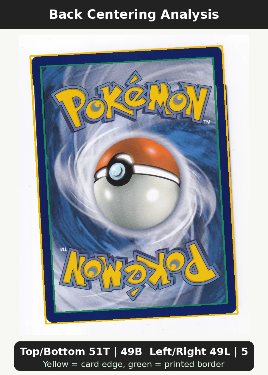 Charmander 038 MEP Black Star Promos back centering analysis showing Top/Bottom 51T | 49B and Left/Right 49L | 51R.