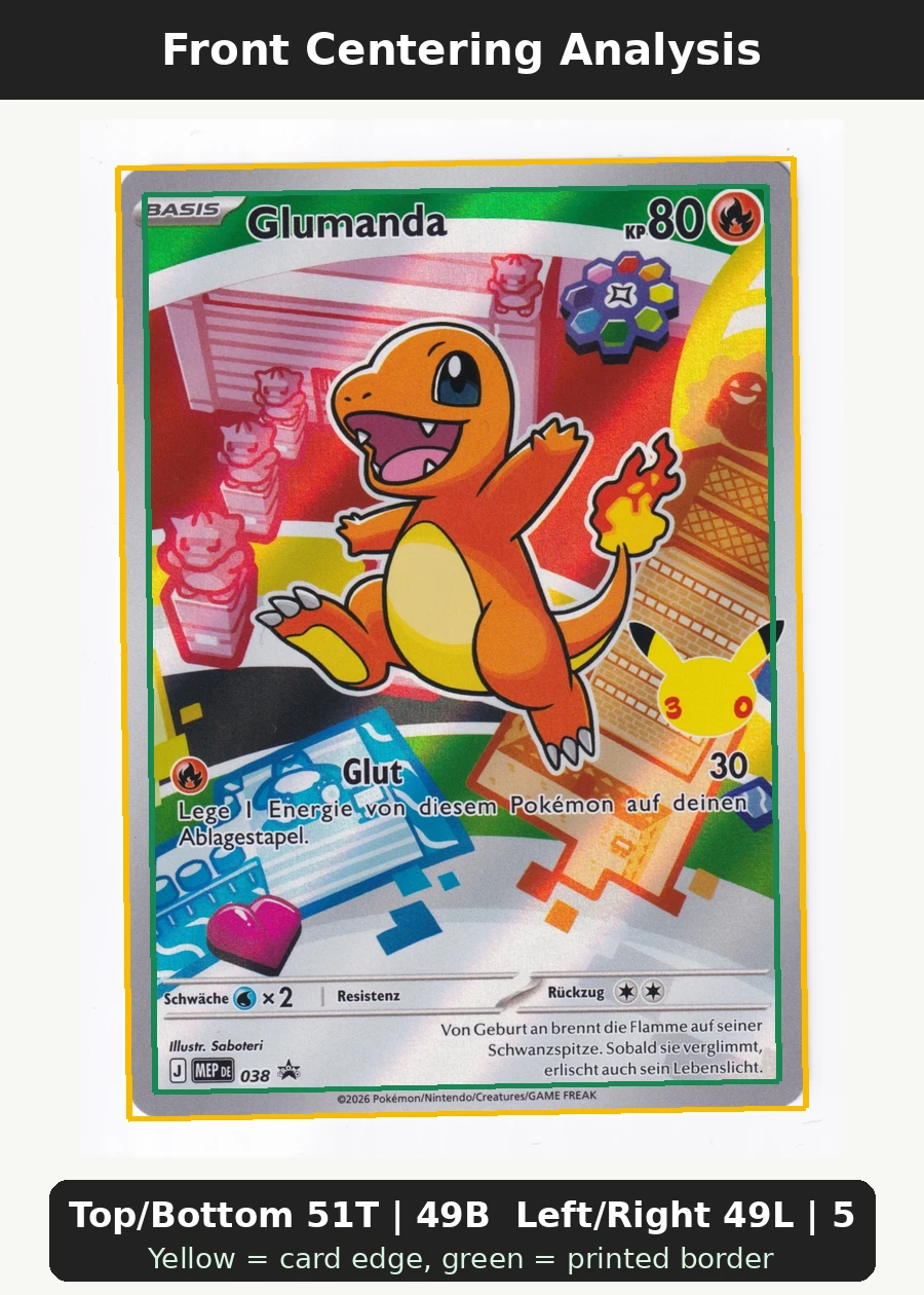 Charmander 038 MEP Black Star Promos front centering analysis showing Top/Bottom 51T | 49B and Left/Right 49L | 51R.
