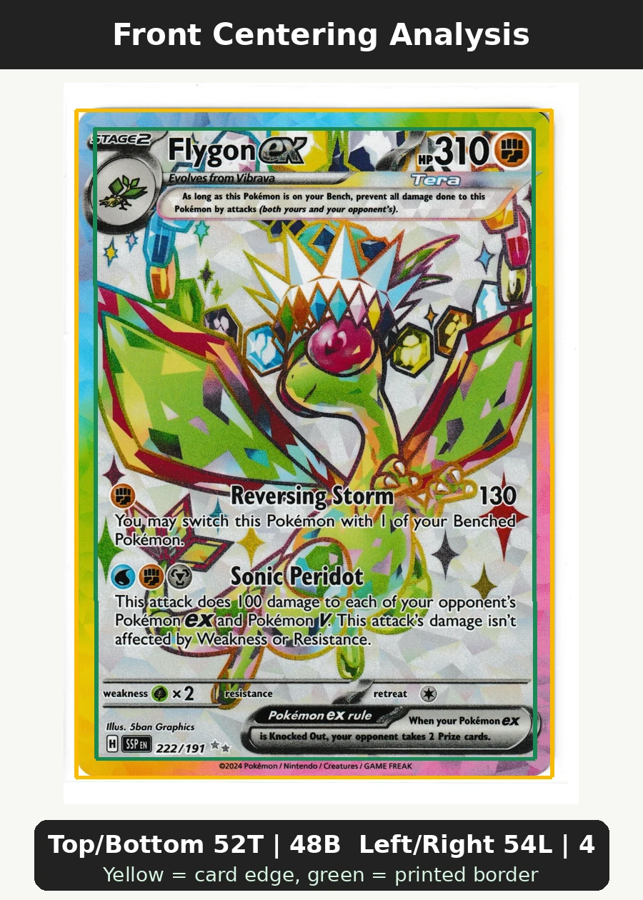 Flygon ex 222/191 Surging Sparks front centering analysis showing Top/Bottom 52T | 48B and Left/Right 54L | 46R.
