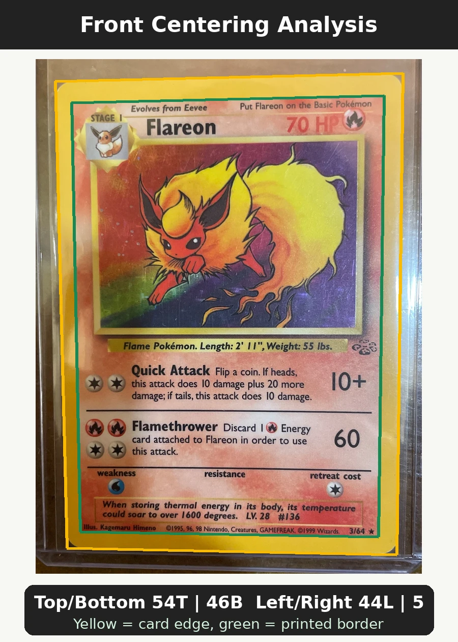Flareon 003/64 Jungle front centering analysis showing Top/Bottom 54T | 46B and Left/Right 44L | 56R.