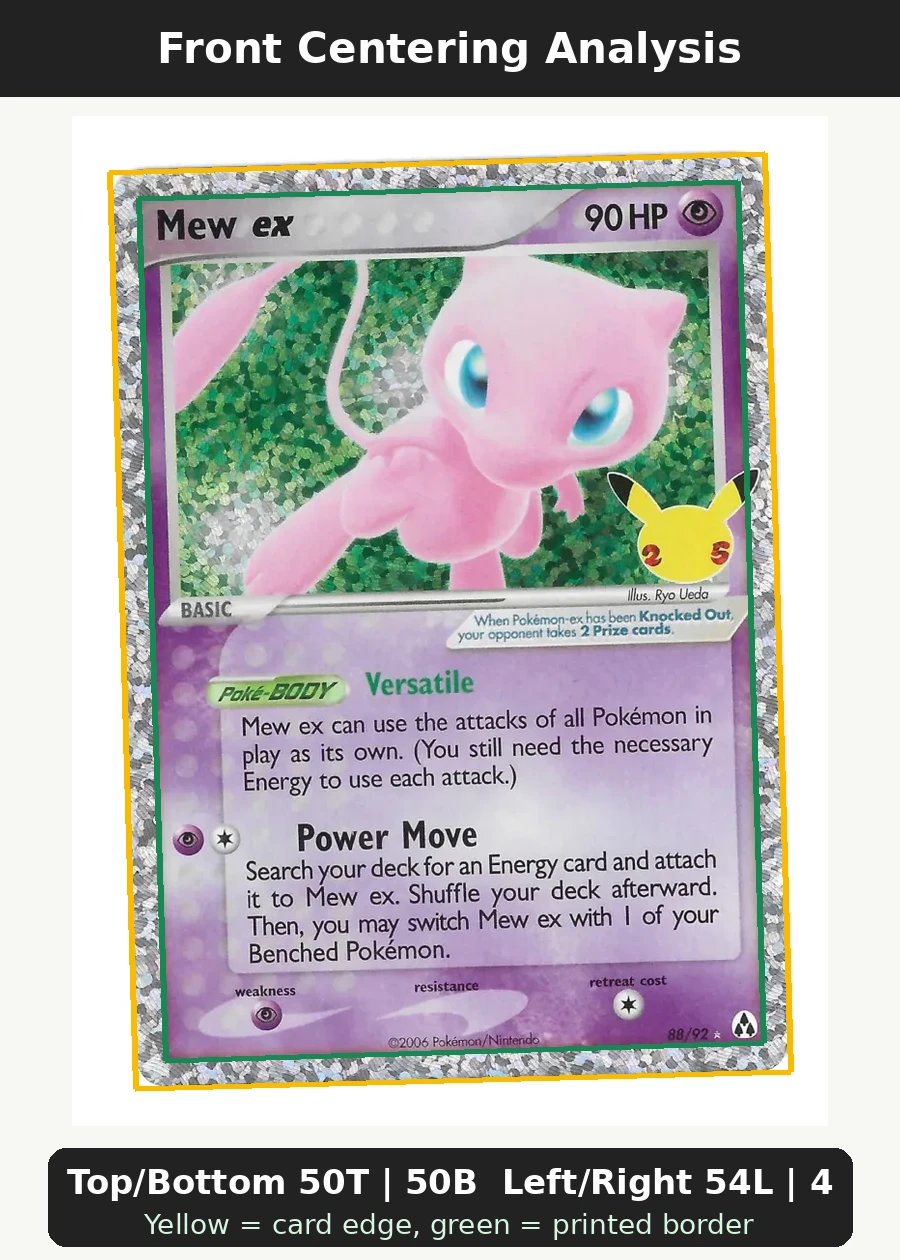 Mew ex 088/92 Celebrations front centering analysis showing Top/Bottom 50T | 50B and Left/Right 54L | 46R.