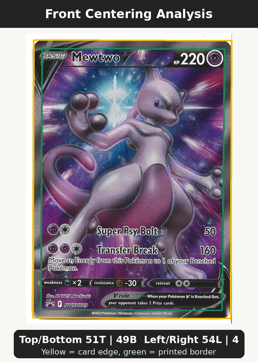 Mewtwo V SWSH229/307 SWSH Black Star Promos front centering analysis showing Top/Bottom 51T | 49B and Left/Right 54L | 46R.