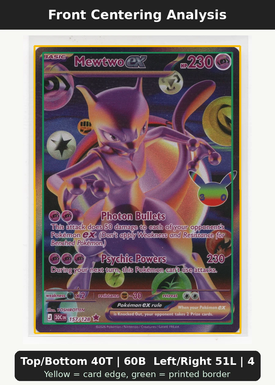 Mewtwo ex 157/128 30th Celebration front centering analysis showing Top/Bottom 40T | 60B and Left/Right 51L | 49R.