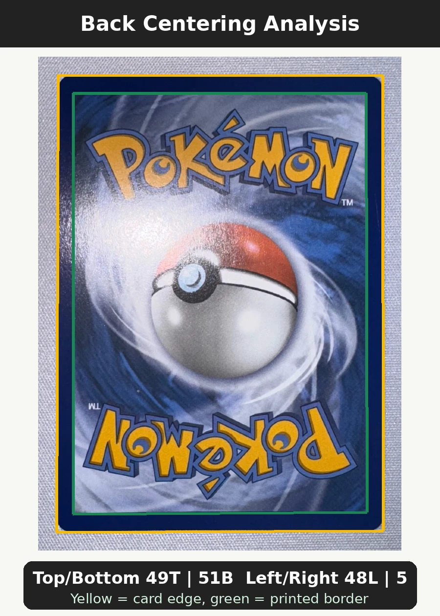 Surfing Pikachu 111/108 Evolutions back centering analysis showing Top/Bottom 49T | 51B and Left/Right 48L | 52R.