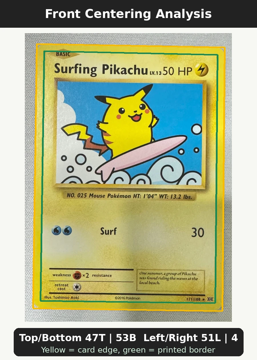 Surfing Pikachu 111/108 Evolutions front centering analysis showing Top/Bottom 47T | 53B and Left/Right 51L | 49R.