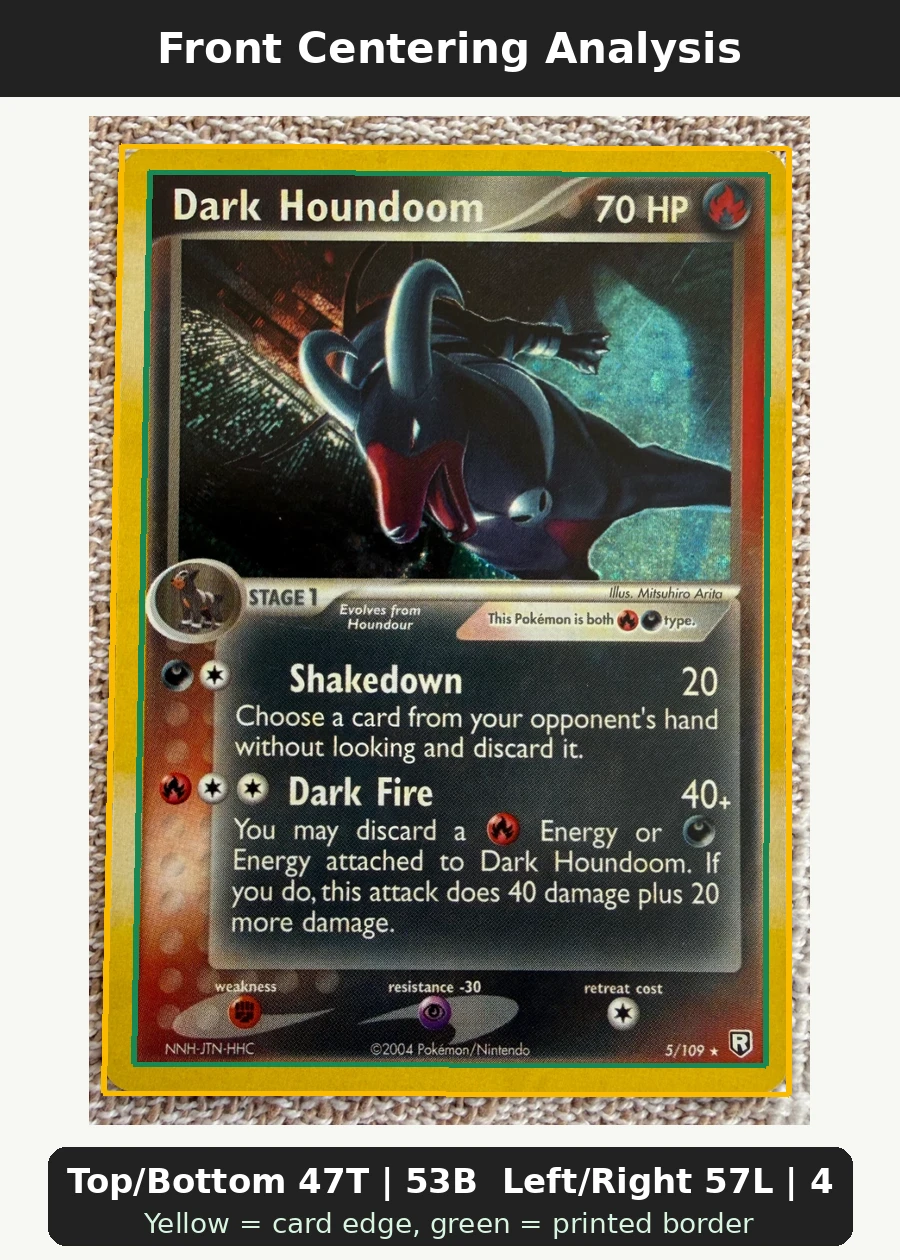 Dark Houndoom 005/109 Team Rocket Returns front centering analysis showing Top/Bottom 47T | 53B and Left/Right 57L | 43R.