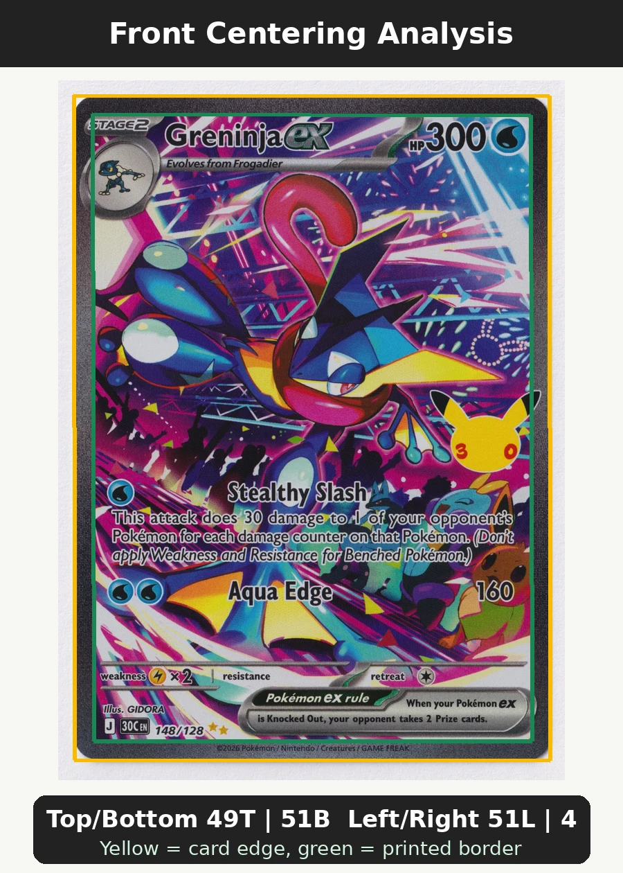 Greninja ex 148/128 30th Celebration front centering analysis showing Top/Bottom 49T | 51B and Left/Right 51L | 49R.