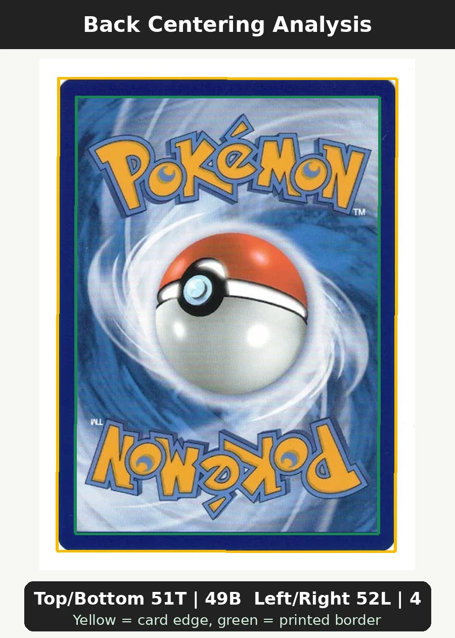 Pikachu with Grey Felt Hat 085/225 SVP Black Star Promos back centering analysis showing Top/Bottom 51T | 49B and Left/Right 52L | 48R.