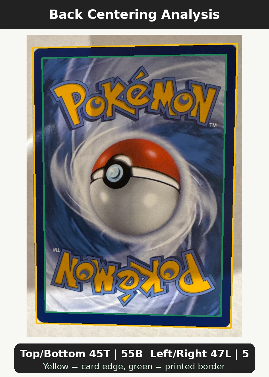 Pikachu 027/78 Pokémon GO back centering analysis showing Top/Bottom 45T | 55B and Left/Right 47L | 53R.