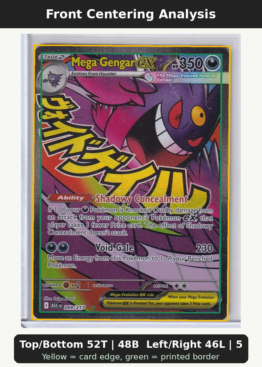 Mega Gengar ex 269/217 Ascended Heroes front centering analysis showing Top/Bottom 52T | 48B and Left/Right 46L | 54R.